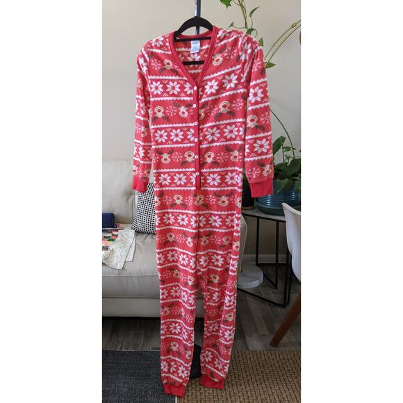 womens medium  button up christmas ONESIE with butt flap - Picture 1 of 9